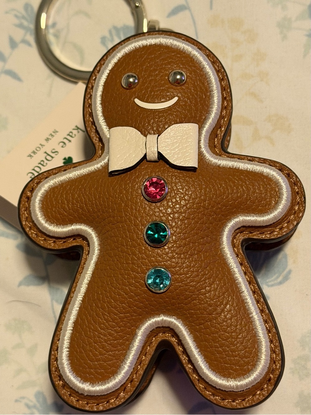 kate spade Brown Gingerbread Man Leather Keychain Charm with Colorful Gems